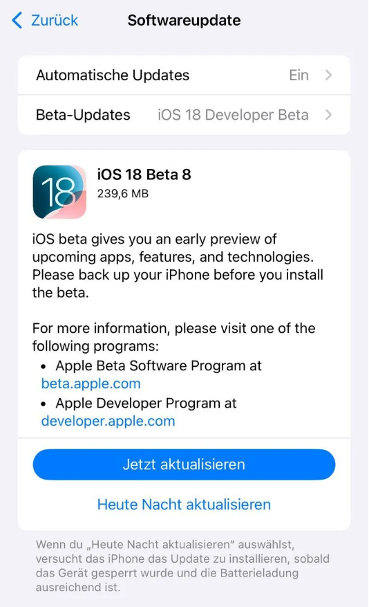 横县苹果手机维修分享苹果 iOS / iPadOS 18 开发者预览版 Beta 8 发布 